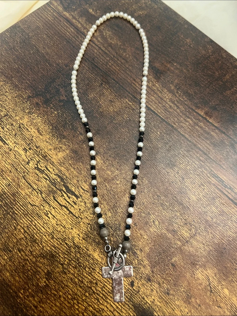 Classic Sterling Silver Pearl and Black Bead Cross Pendant Necklace